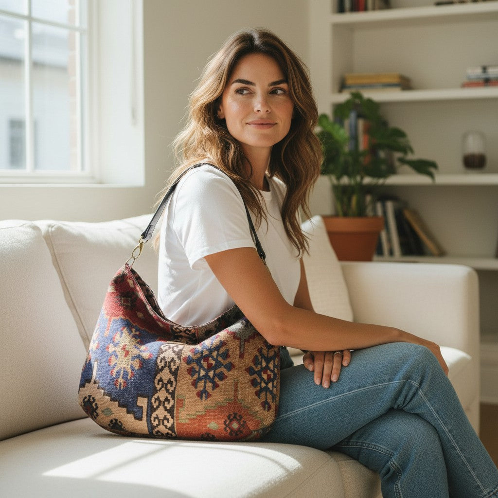 Kilim Canvas Hobo Bag worn over shoulder showing navy mix geometric patterns and relaxed silhouette by Umpie Handbags