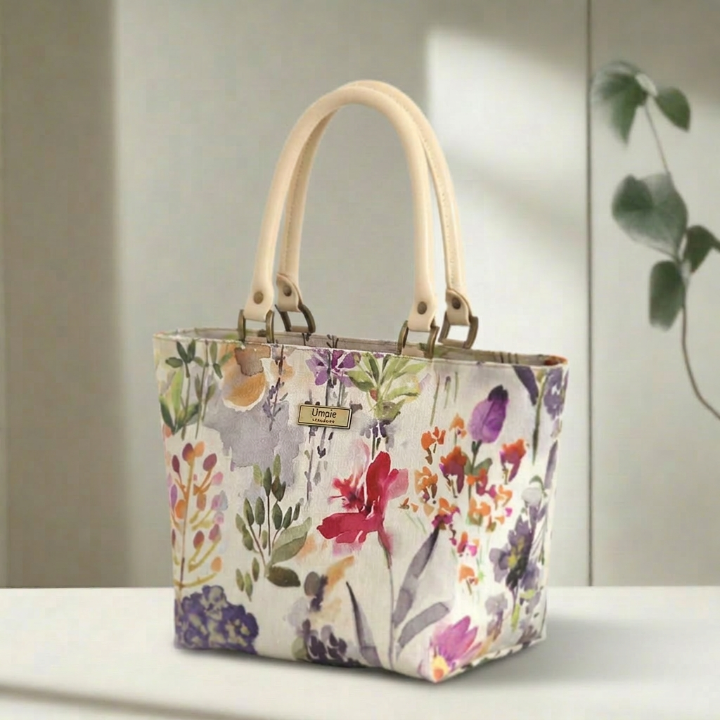 Front view of pink botanical floral print linen handbag with zip-top closure and beige leather handles, by Umpie Handbags

