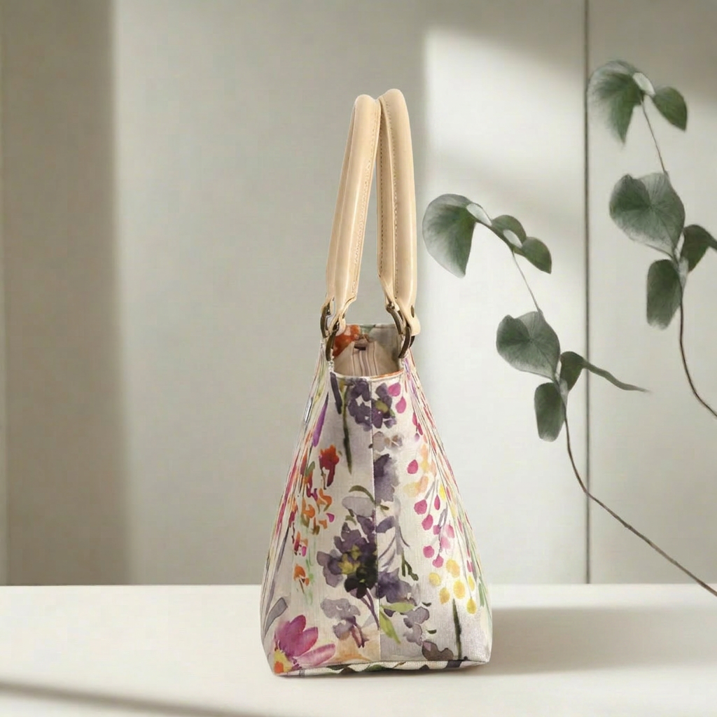 Angled side view of structured pink floral linen handbag showing depth and firm construction with protective metal feet, by Umpie Handbags

