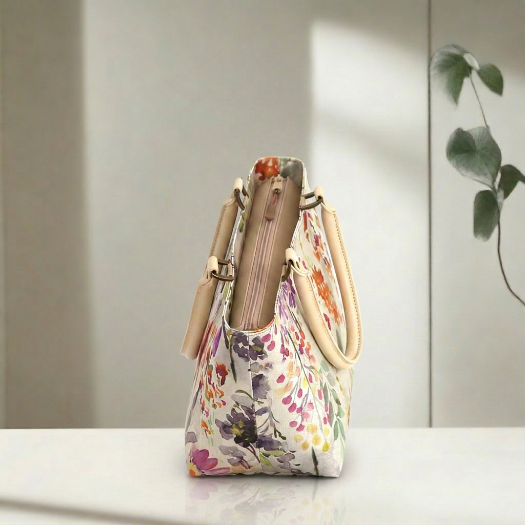 Pink floral linen handbag with beige leather handles and zip-top closure on white background, handcrafted in Great Britain by Umpie Handbags