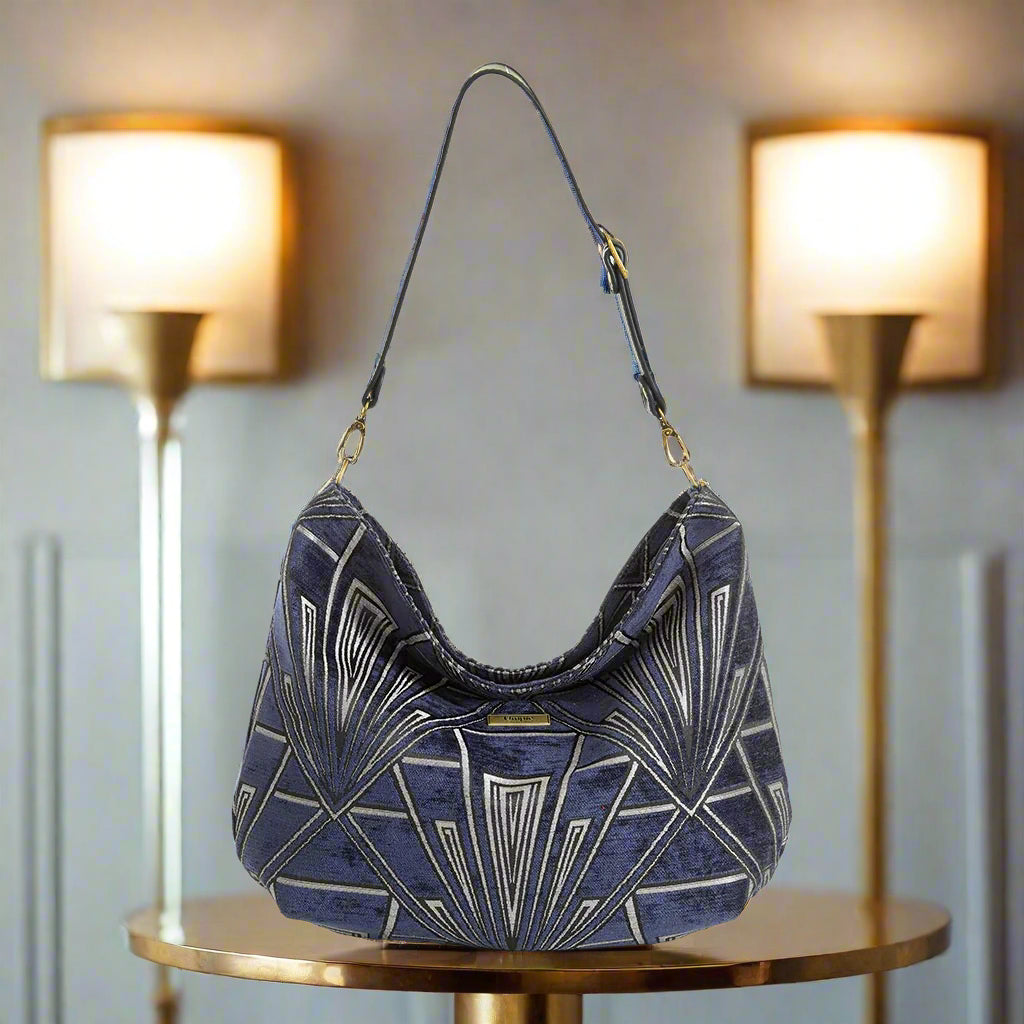 Art Deco Hobo Bag - Luxury 1920s Velvet Handbag with Black Leather Strap - Yorkshire Crafted