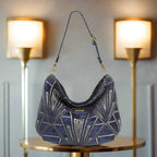 Art Deco Hobo Bag - Luxury 1920s Velvet Handbag with Black Leather Strap - Yorkshire Crafted