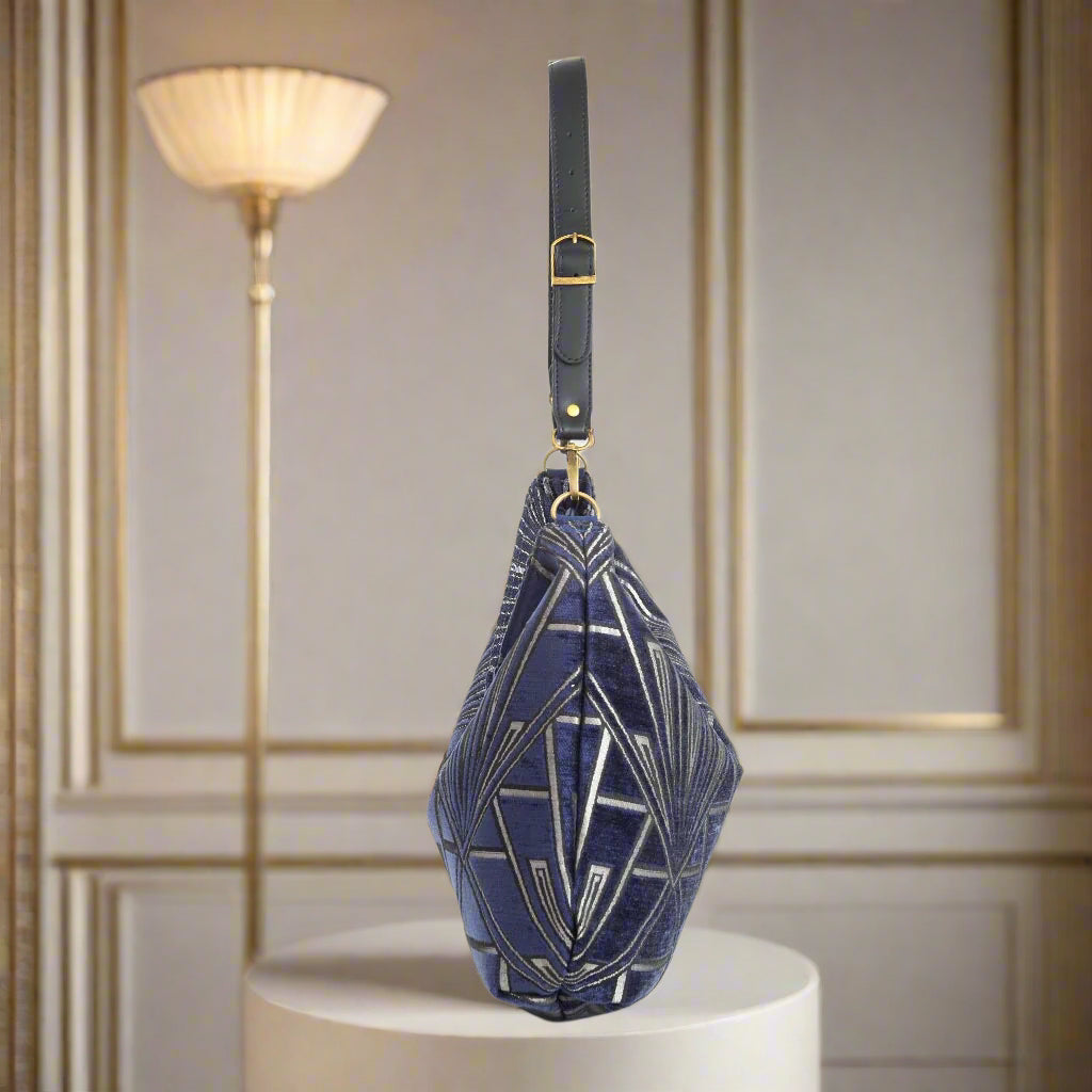 Art Deco Hobo Bag Side Profile - 30cm height Velvet Handbag with Black Leather Handle