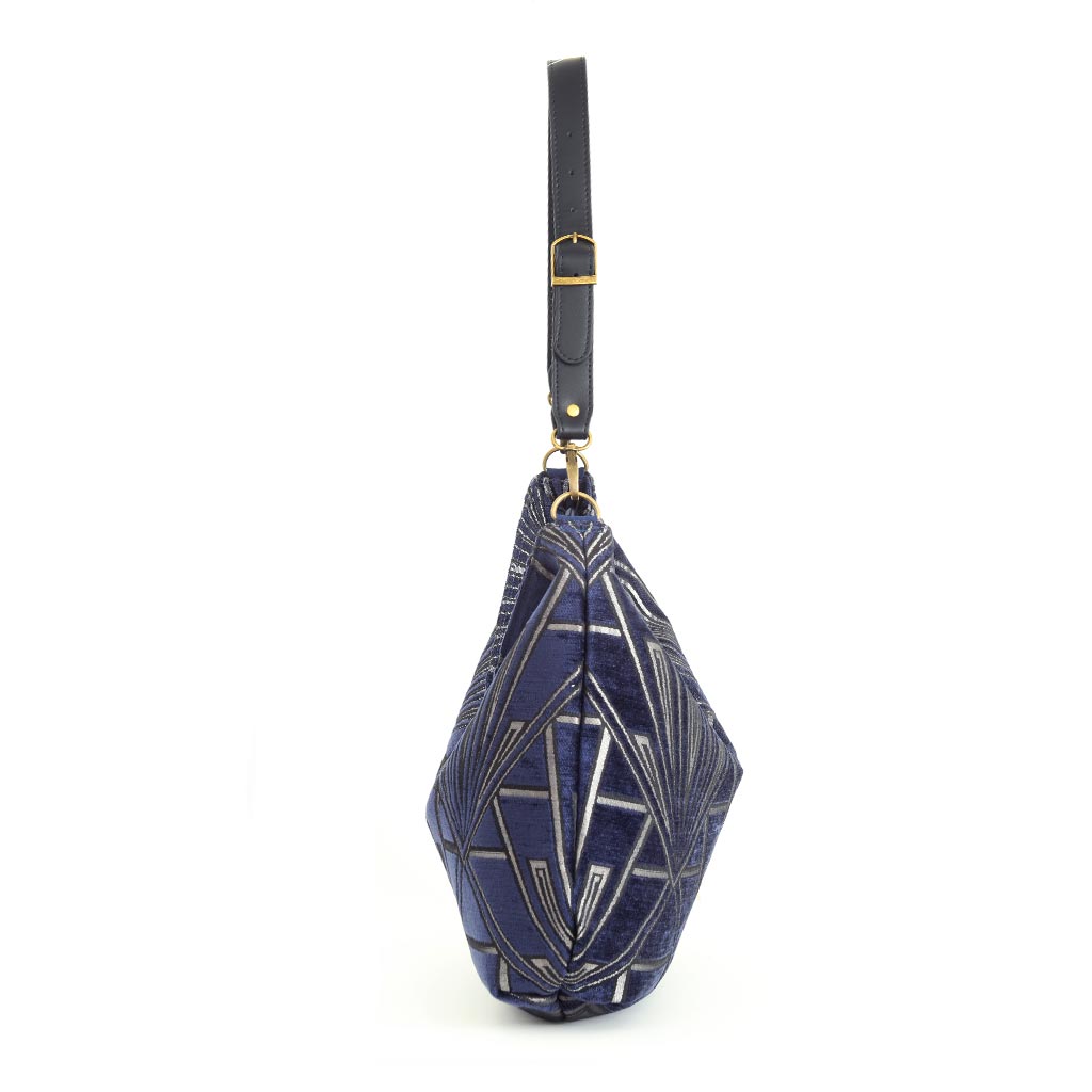 Side profile of Art Deco Velvet Hobo Bag showing relaxed drape and adjustable leather strap by Umpie Handbags