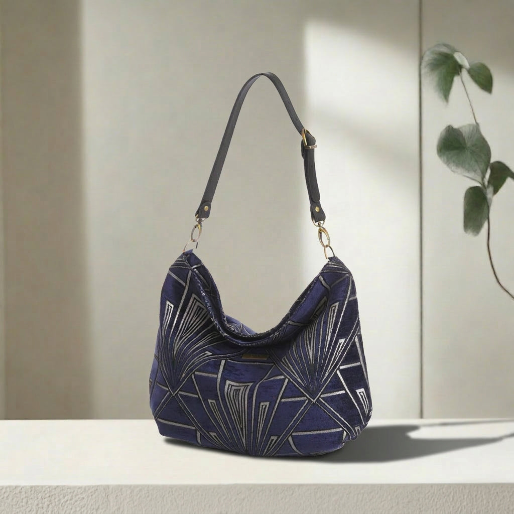 Angled view of Art Deco Hobo Bag displaying elegant hobo silhouette and Art Deco detailing by Umpie Handbags