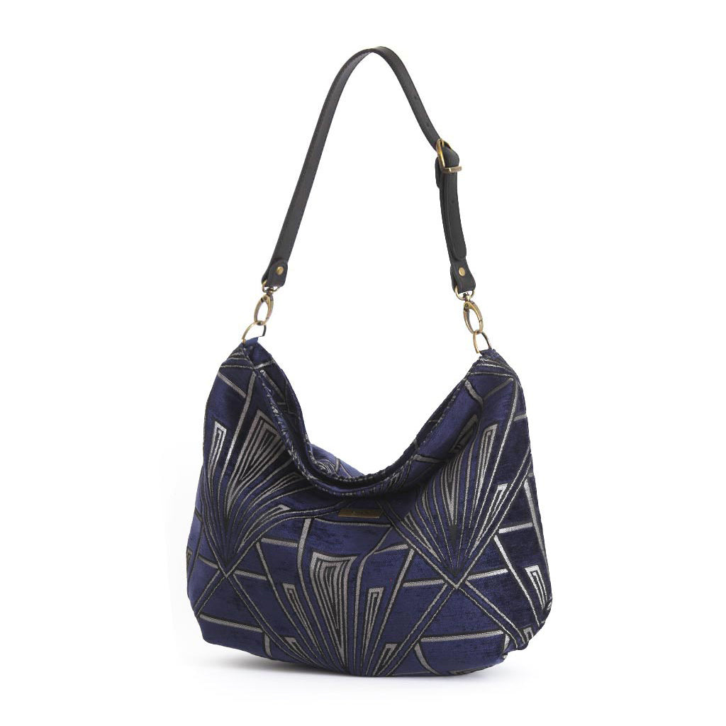 Angled view of Art Deco Hobo Bag displaying elegant hobo silhouette and Art Deco detailing by Umpie Handbags