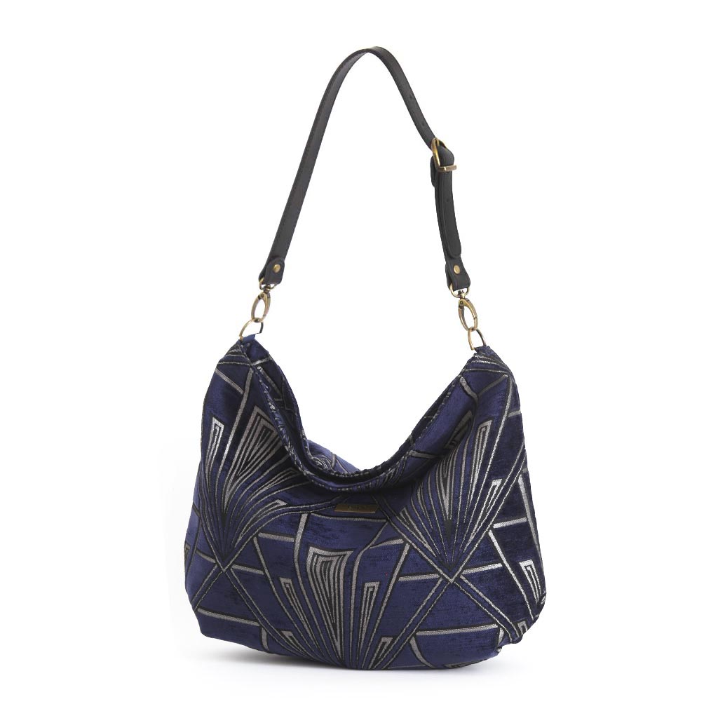 Angled view of Art Deco Velvet Hobo Bag displaying elegant hobo silhouette and Art Deco detailing by Umpie Handbags