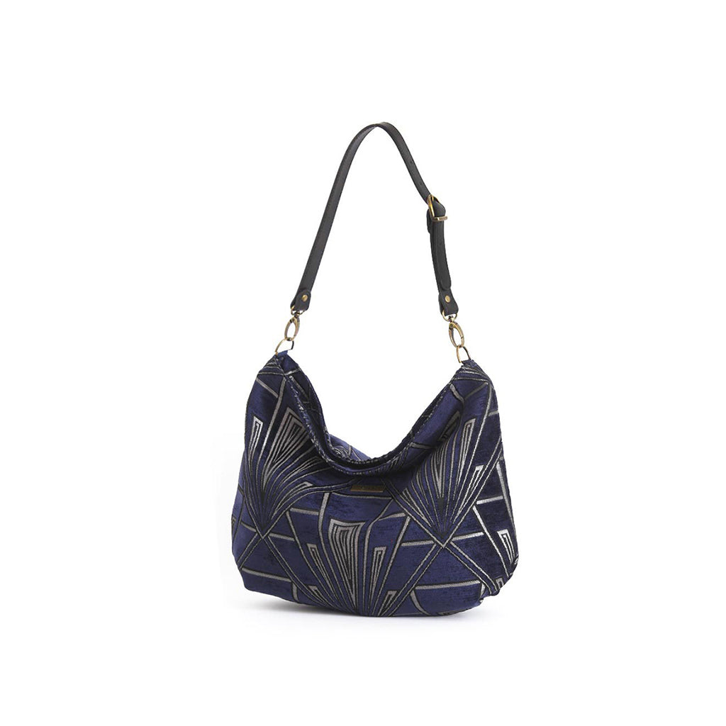 Angled view of Art Deco Velvet Hobo Bag displaying elegant hobo silhouette and Art Deco detailing by Umpie Handbags