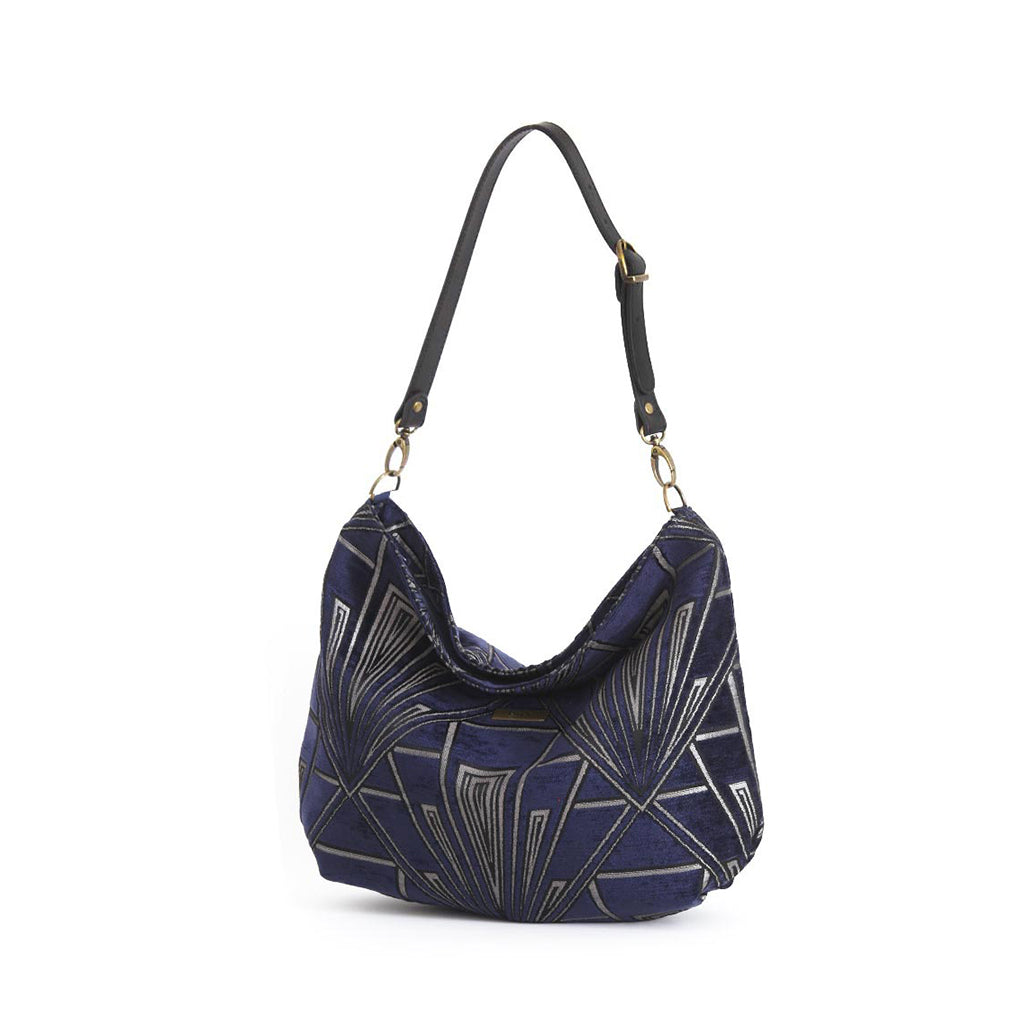 Angled view of Art Deco Velvet Hobo Bag displaying elegant hobo silhouette and Art Deco detailing by Umpie Handbags