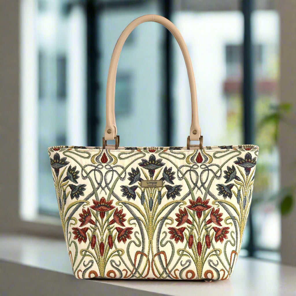 Art Nouveau Shoulder Bag - Premium Jacquard Fabric with Flowing Floral Patterns and Beige Leather Handles - Yorkshire Crafted