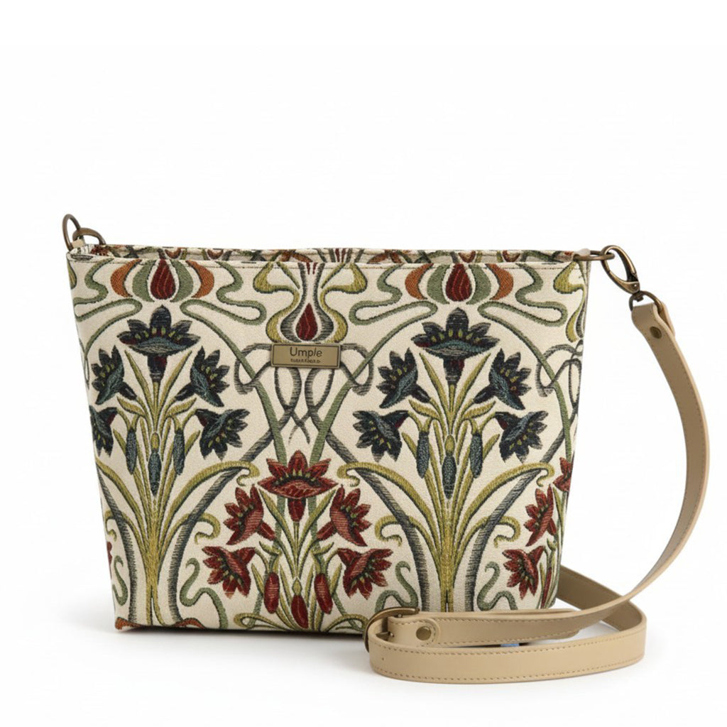 The Art Nouveau Cross Body Bag with the beige leather crossbody strap by Umpie Handbags