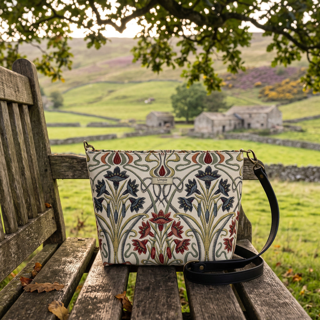 The Art Nouveau Cross Body Bag on a bench in the Yorkshire country side by Umpie Handbags