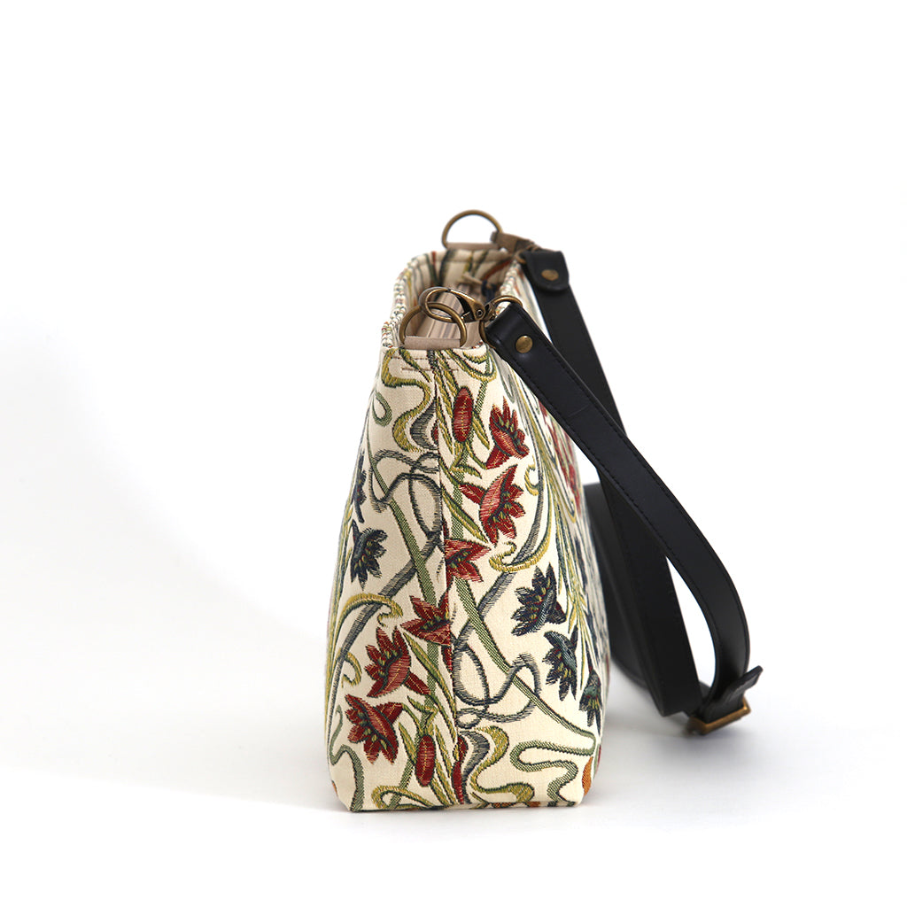 Art Nouveau Crossbody Bag side view showing zip-top closure and black leather strap detail, handmade in Great Britain by Umpie Handbags