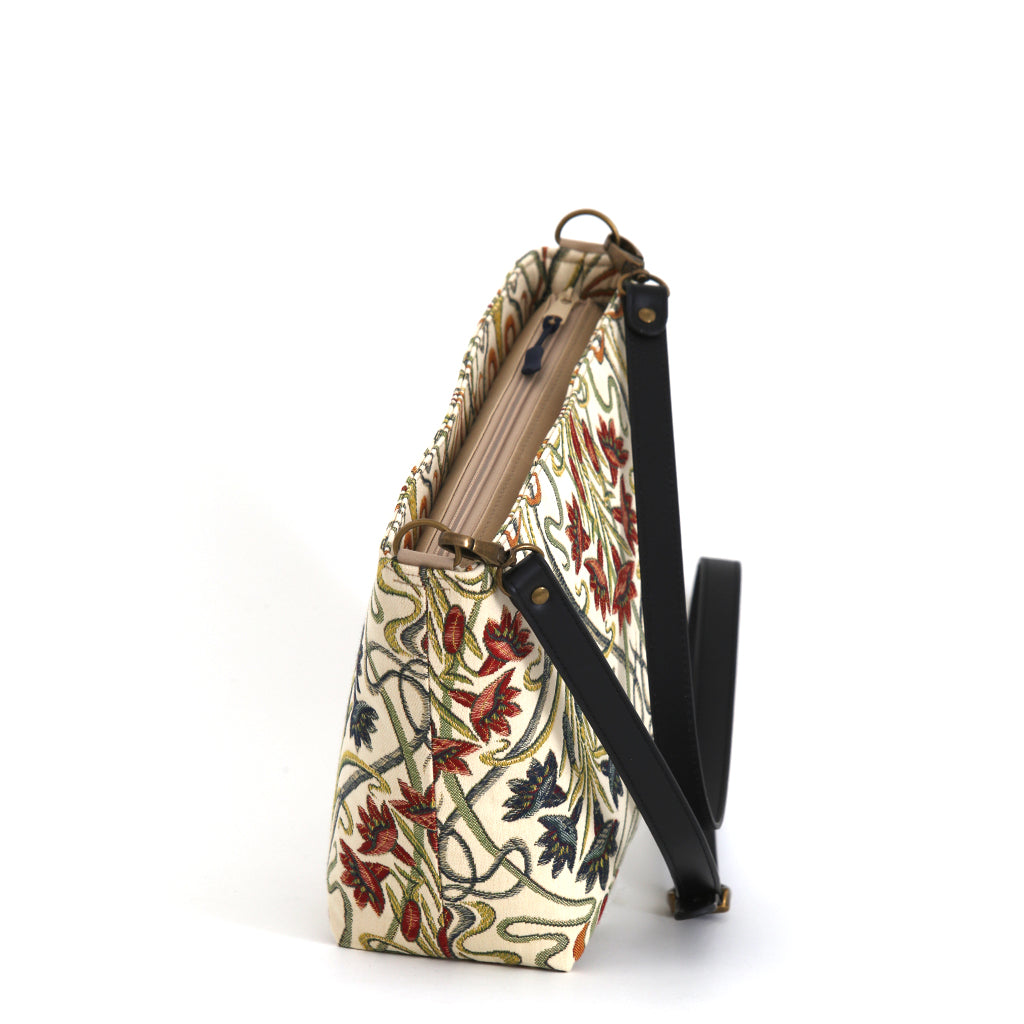 Art Nouveau Crossbody Bag on white background — handmade tapestry handbag with leather strap, crafted in Yorkshire by Umpie Handbags