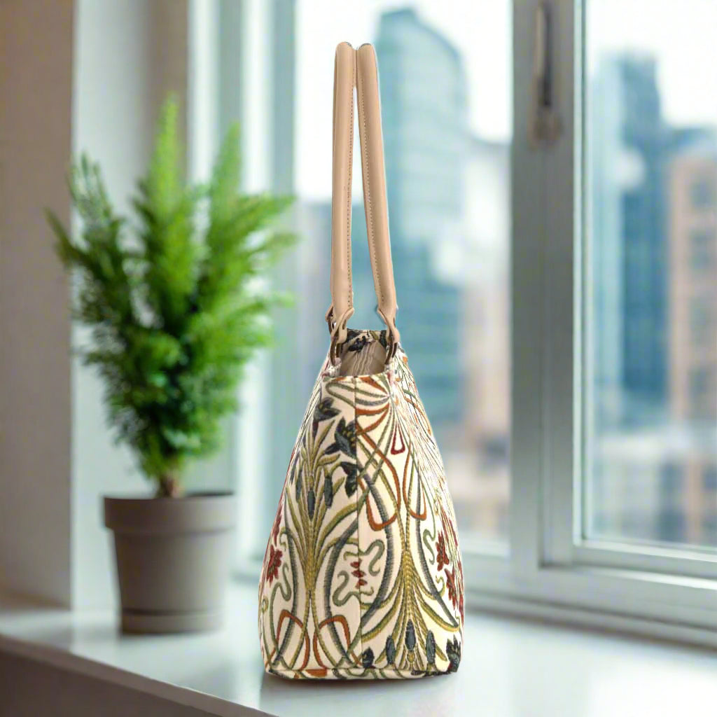 Art Nouveau Shoulder Bag Side Profile - 25cm Height Luxury Handbag with Organic Floral Design and Metal Feet Protection