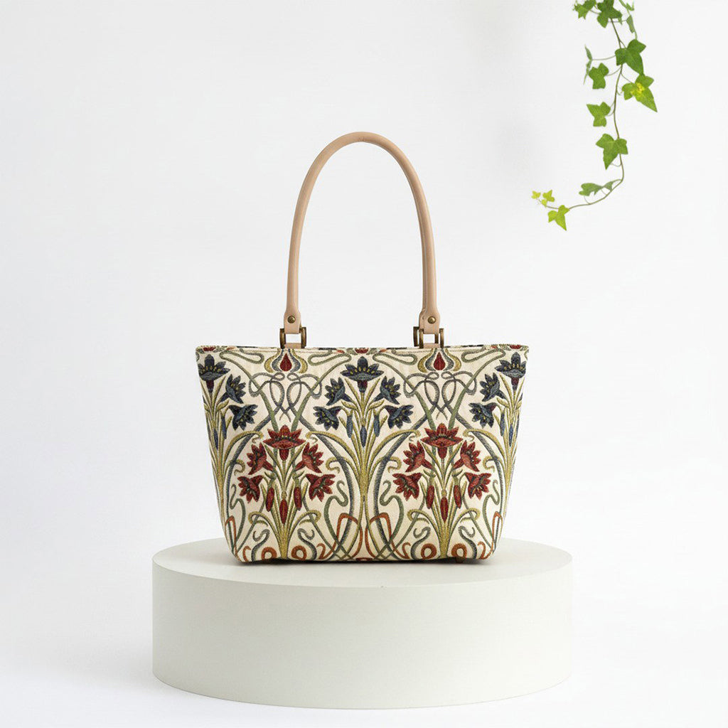 Art Nouveau Shoulder Bag - Premium Jacquard Fabric with Flowing Floral Patterns and Beige Leather Handles - Yorkshire Crafted