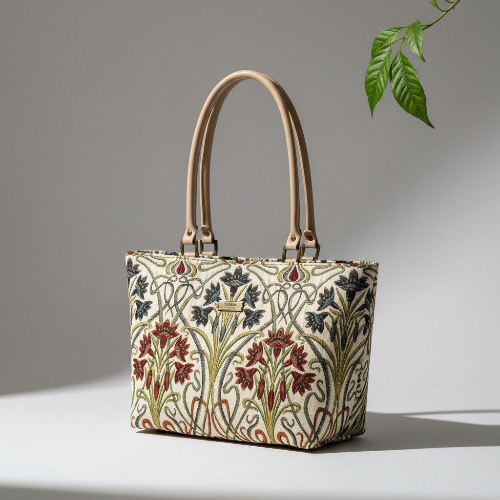Art Nouveau Shoulder Bag - Premium Jacquard Fabric with Flowing Floral Patterns and Beige Leather Handles - Yorkshire Crafted
