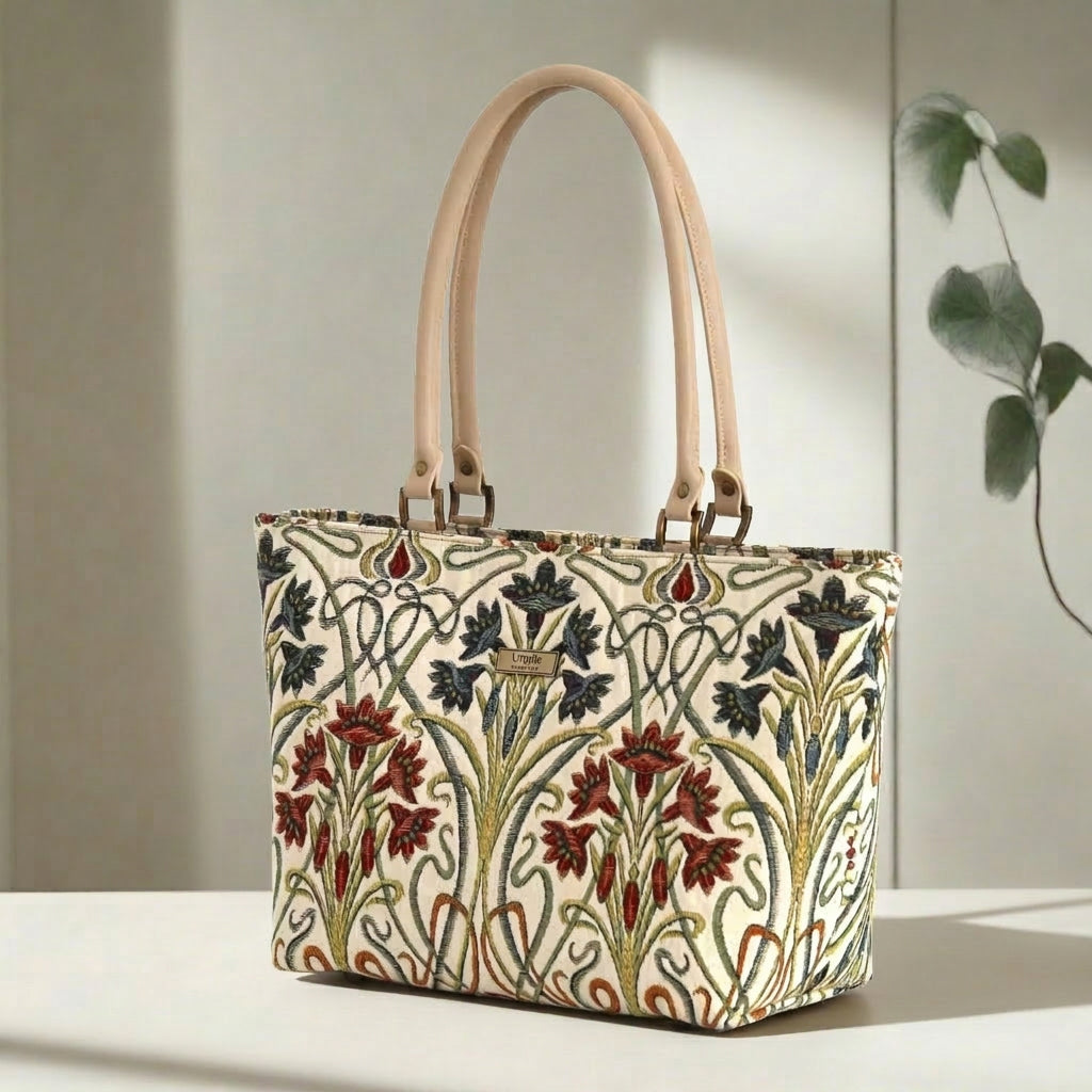 Art Nouveau Shoulder Bag - Premium Jacquard Fabric with Flowing Floral Patterns and Beige Leather Handles - Yorkshire Crafted