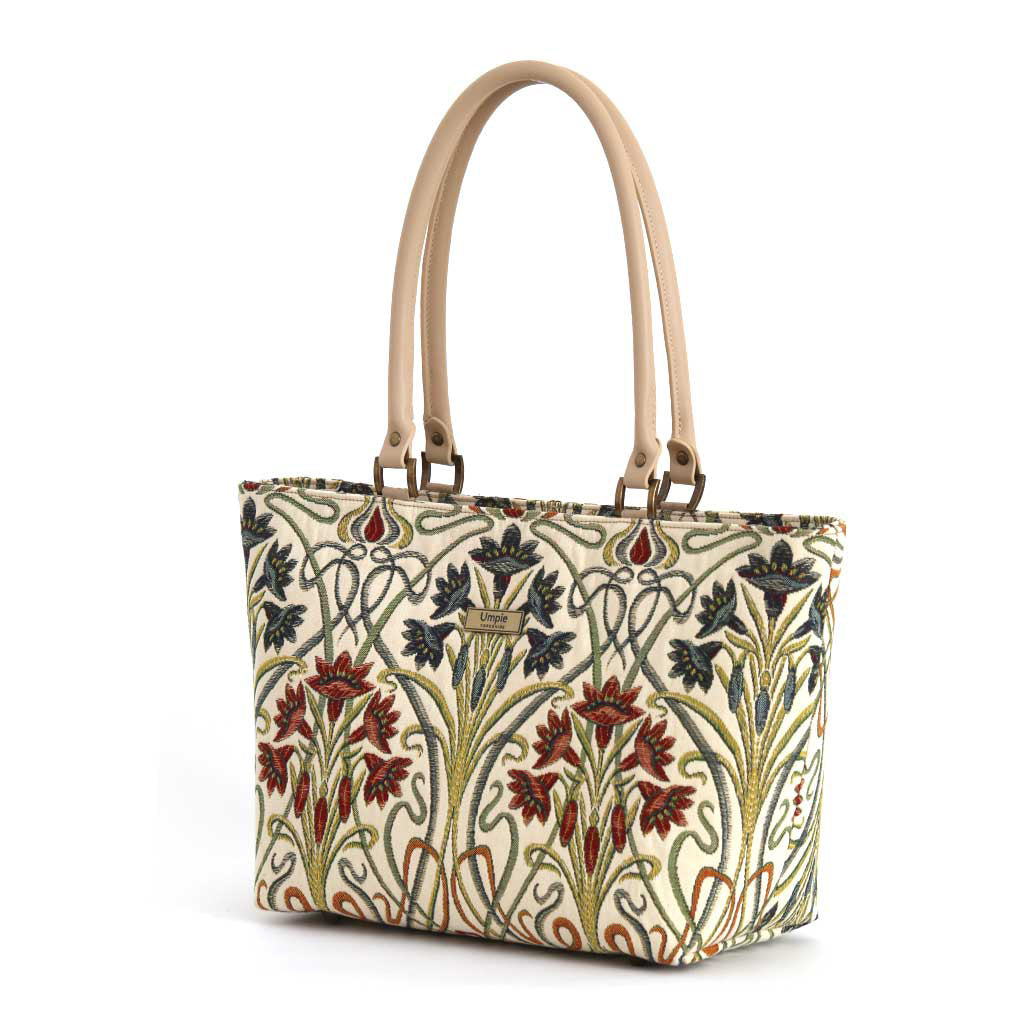 Art Nouveau Shoulder Bag - Premium Jacquard Fabric with Flowing Floral Patterns and Beige Leather Handles - Umpie Yorkshire
