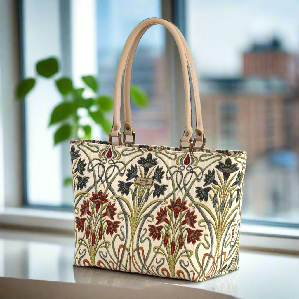 Art Nouveau Shoulder Bag Front View - Distinctive Floral Motifs Dancing Across Premium Jacquard Fabric
