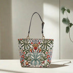 William Morris Arts & Crafts tapestry tote bag on white background, spacious structured silhouette with black leather straps, handcrafted in Great Britain by Umpie Handbags
