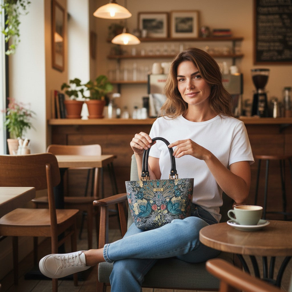 Batik linen handbag with intricate patterns in warm earth tones and premium black leather handles by Umpie Handbags