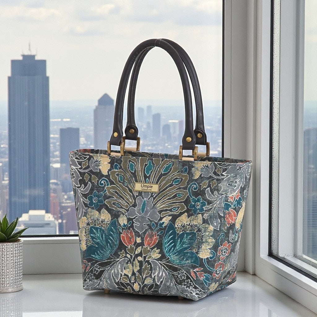 Front view of handcrafted Batik handbag showcasing unique silhouette and Indonesian style textile design by Umpie Handbags