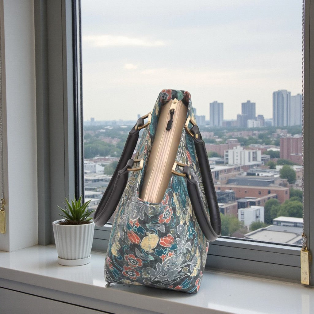 Top view of Batik handbag showing secure zip closure, premium black leather handles, and spacious interior opening by Umpie Handbags