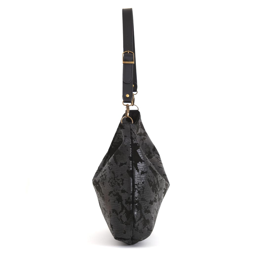Lizard print hobo bag, one-off slouchy style worn over the shoulder, side view by Umpie Handbags