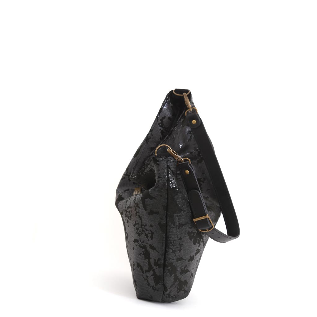 Lizard print hobo bag, one-off slouchy style worn over the shoulder, zip-top view by Umpie Handbags