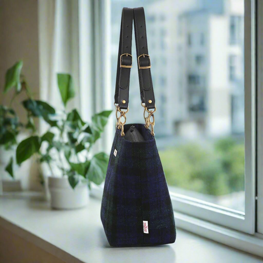 Sophisticated Black Watch Tartan Shoulder Bag profile - premium Harris Tweed craftsmanship meets contemporary elegance by Umpie Handbags