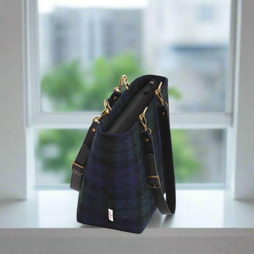 The Blackwatch tartan shoulder bag with black leather straps - zip-top view