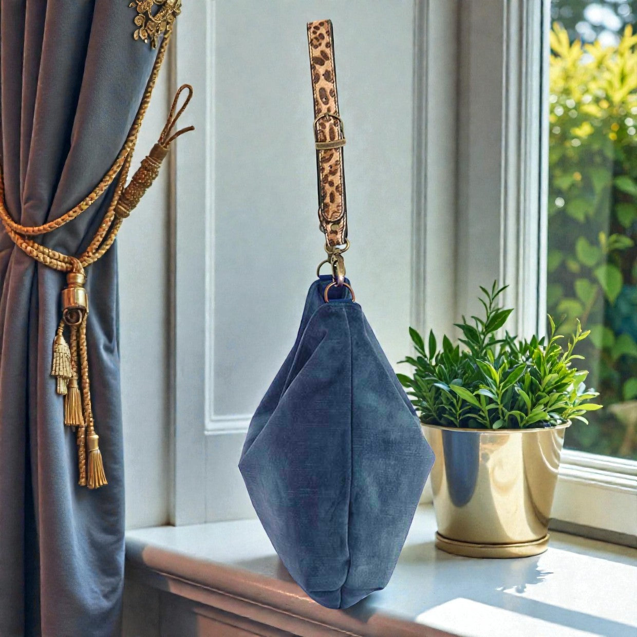 Side profile of velvet hobo bag highlighting slouchy shape, leopard strap attachment, and artisan construction by Umpie Handbags