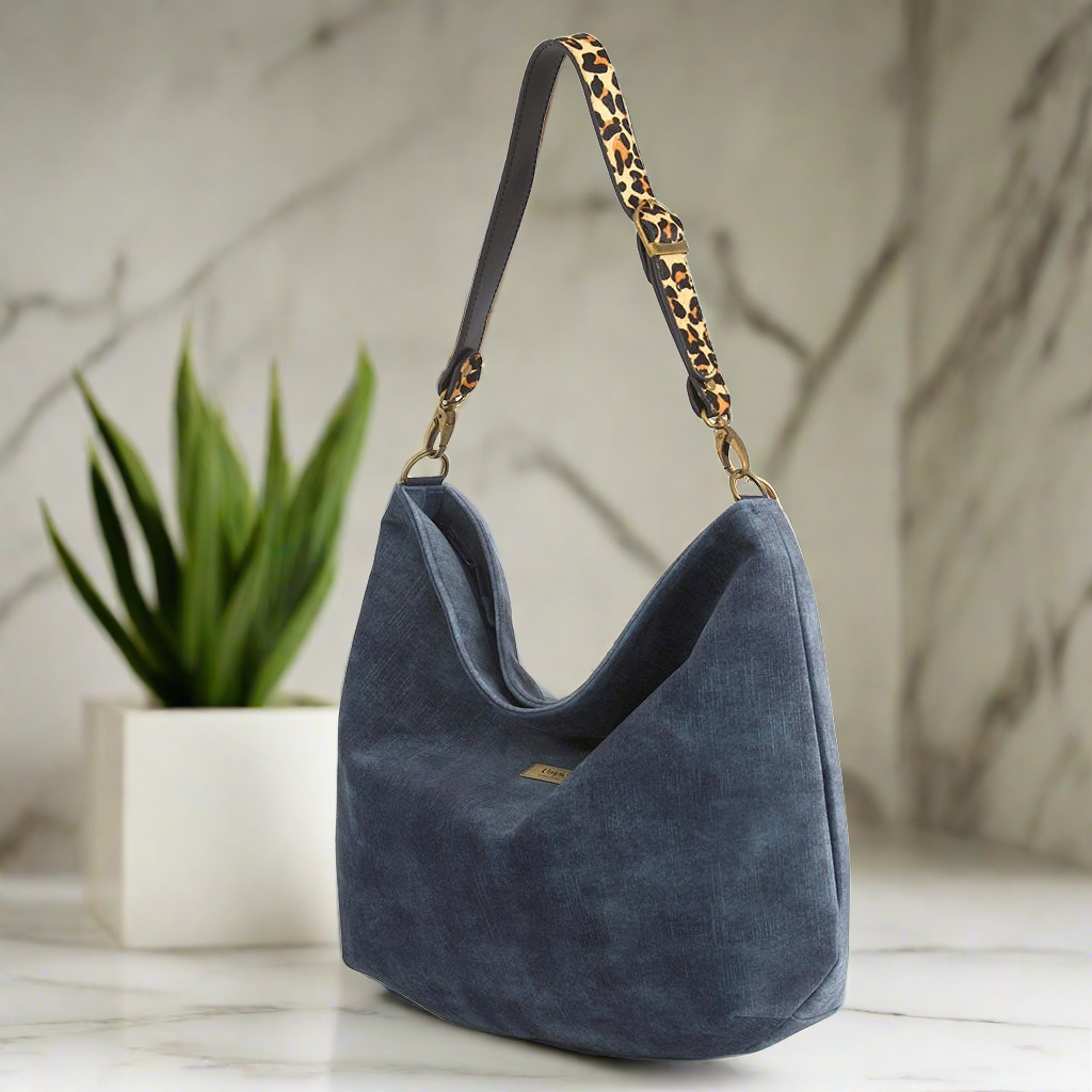 The Blue Velvet Hobo Bag with  leopard print strap