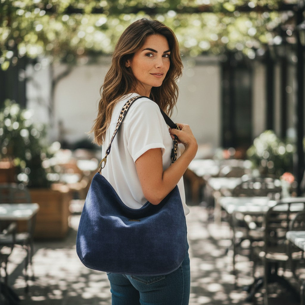 Luxurious blue velvet hobo bag with bold leopard print leather strap, front view showing rich texture and slouchy silhouette by Umpie Handbags
