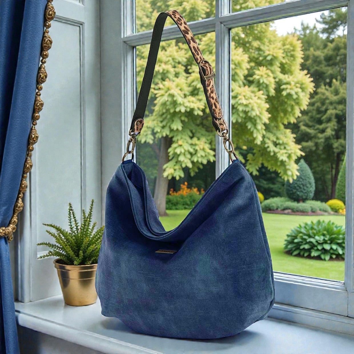 Luxurious blue velvet hobo bag with bold leopard print strap, showcasing rich texture and premium craftsmanship by Umpie Handbags