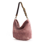 The front view of the Pink Velvet Hobo Bag with a Leopard print strap by Umpie Handbags