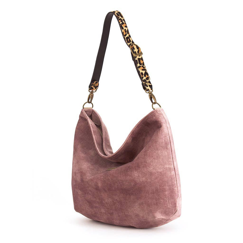 The front view of the Pink Velvet Hobo Bag with a Leopard print strap by Umpie Handbags