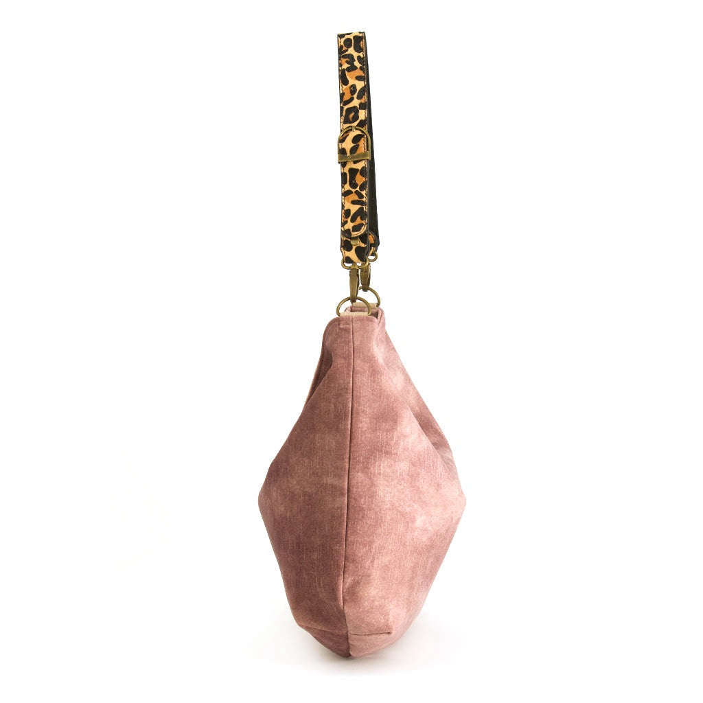 Velvet Hobo Bag, pink with leopard print leather strap by Umpie Handbags - side view