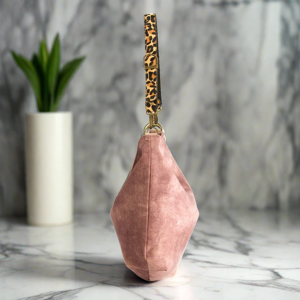 Velvet Hobo Bag, pink with leopard print leather strap by Umpie Handbags - side view