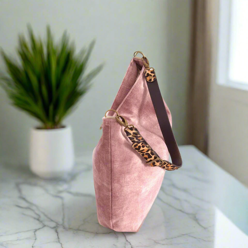 Velvet Hobo Bag, pink with leopard print leather strap by Umpie Handbags - zip-top view