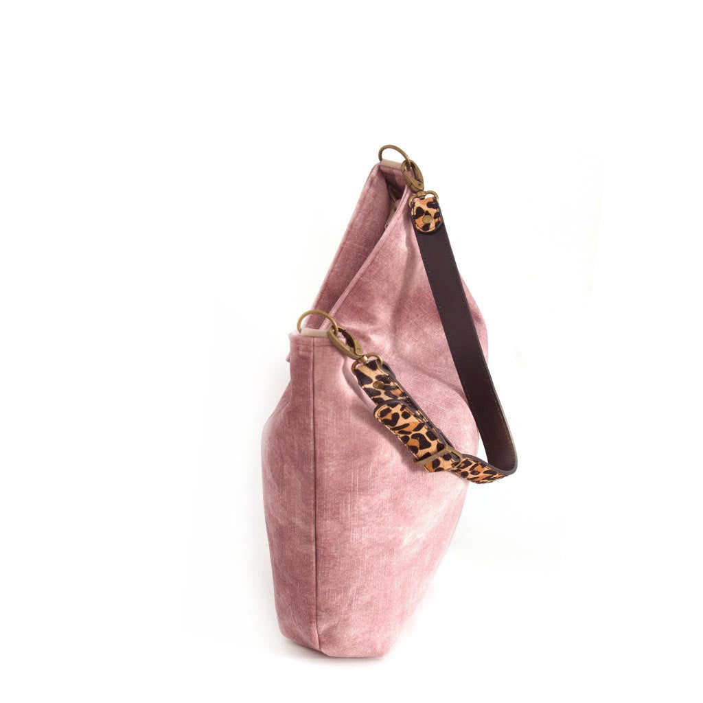 Velvet Hobo Bag, pink with leopard print leather strap by Umpie Handbags - zip-top view
