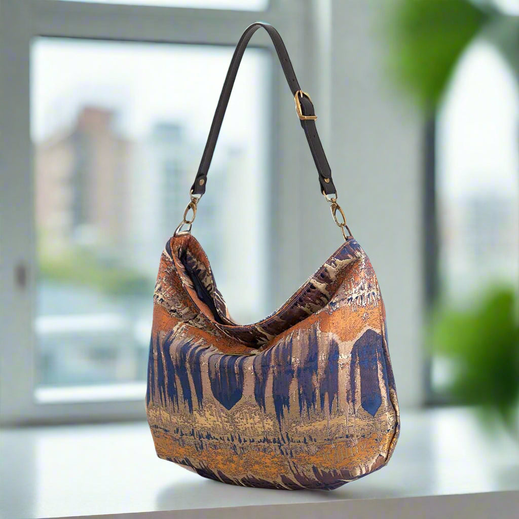 Bronze metallic hobo bag with shimmering brocade fabric and premium black leather strap - luxury handbag by Umpie Handbags