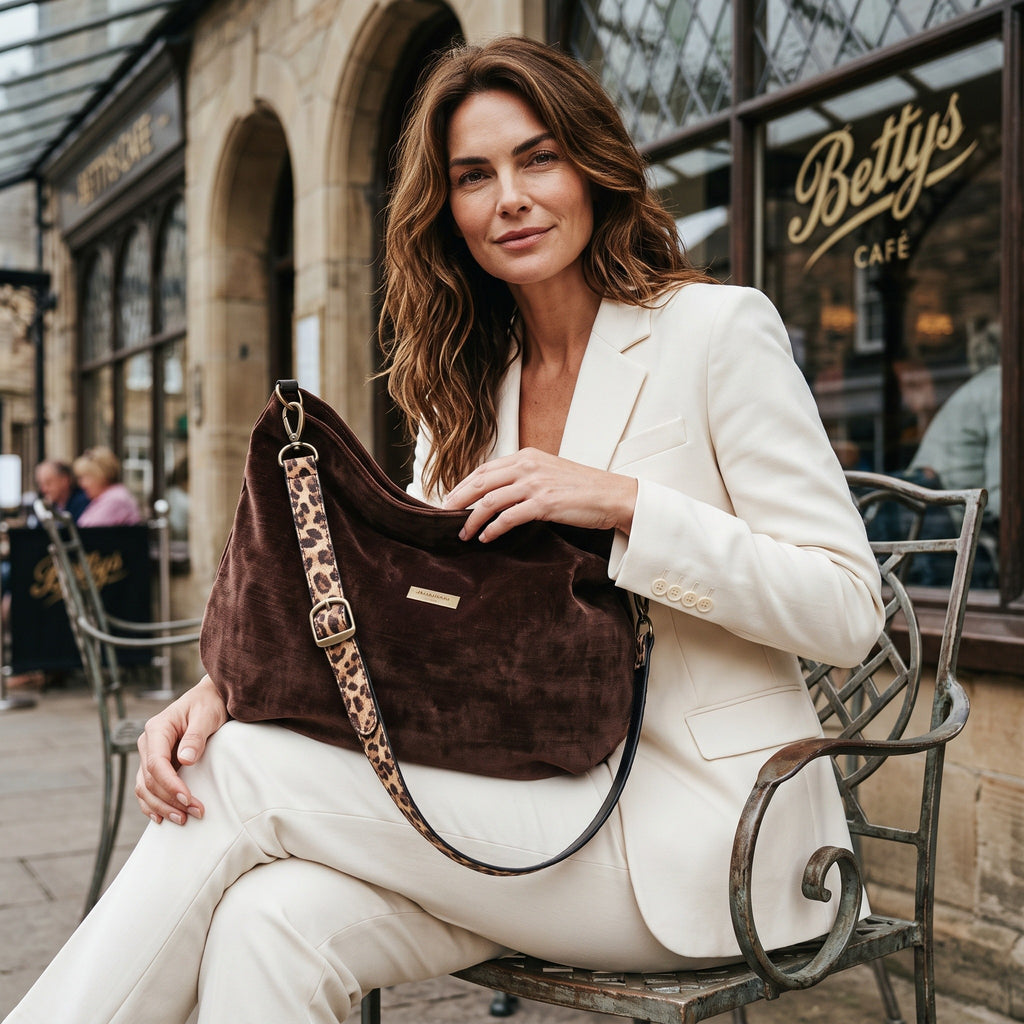 Model seated outside Bettys Café, York, holding the brown velvet hobo bag with matching brown leopard print strap and antique gold hardware by Umpie Handbags