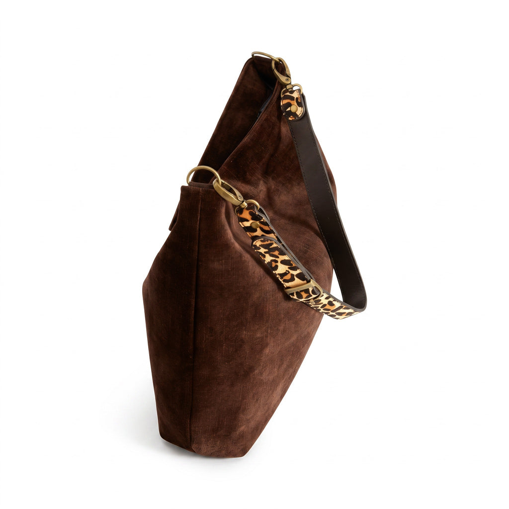 Top-zip detail of the brown velvet hobo bag showing antique gold zip closure and leopard print leather strap by Umpie Handbags