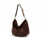Front view of the rich chocolate brown velvet hobo bag with matching leopard print leather strap and antique gold hardware by Umpie Handbags