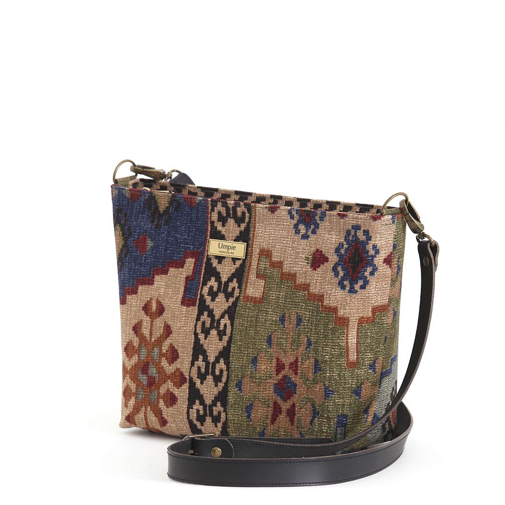 Kilim canvas crossbody bag with navy and green geometric pattern handmade in Great Britain by Umpie Handbags