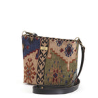 Kilim canvas crossbody bag with navy and green geometric pattern handmade in Great Britain by Umpie Handbags