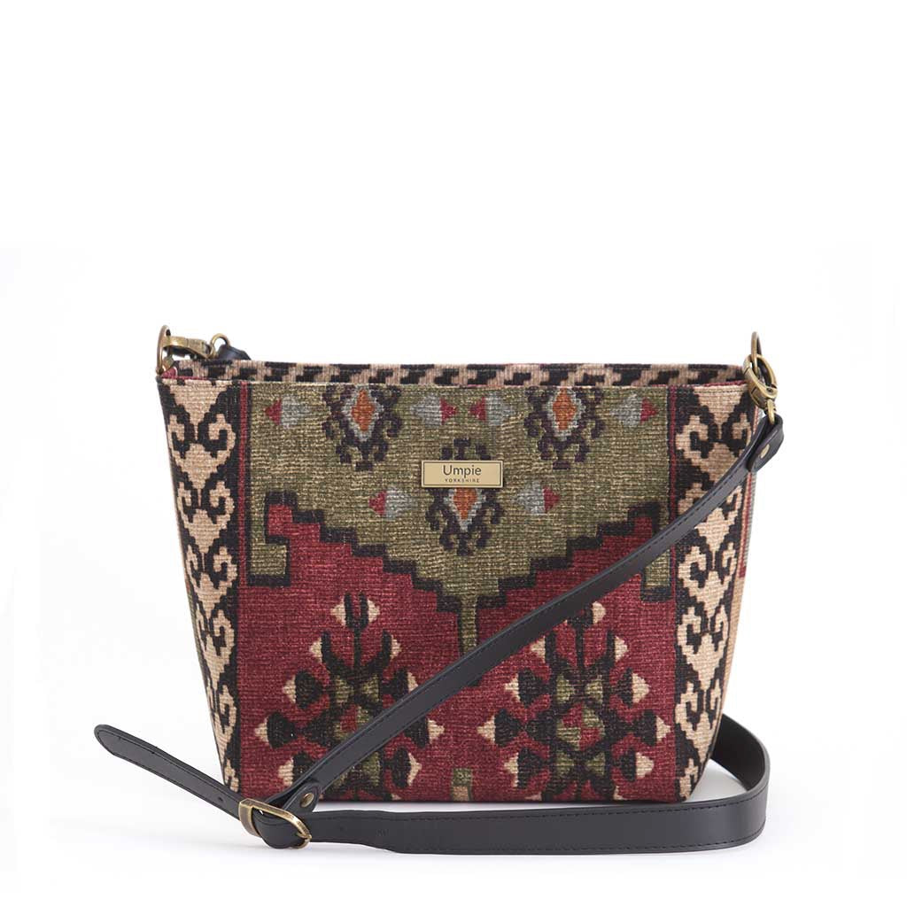 Kilim canvas crossbody bag with green and wine geometric pattern handmade in Great Britain by Umpie Handbags