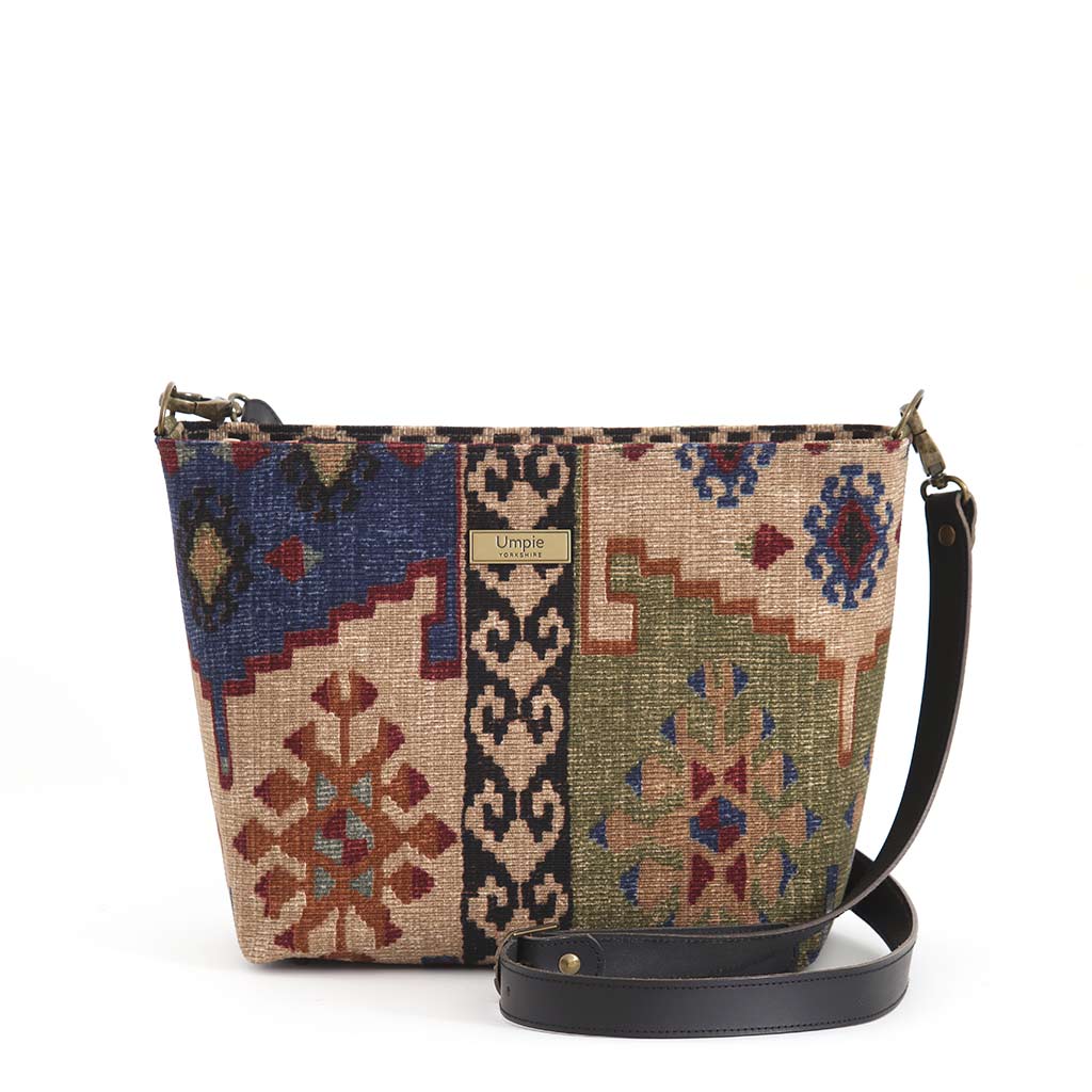 Kilim canvas crossbody bag with navy and green geometric pattern handmade in Great Britain by Umpie Handbags